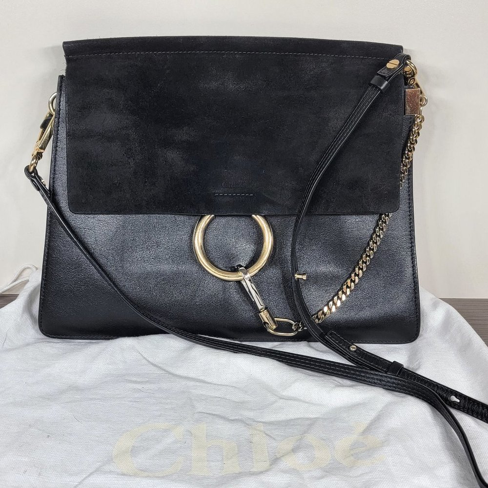 Chloe Faye Leather & Suede Shoulder Bag Black  M